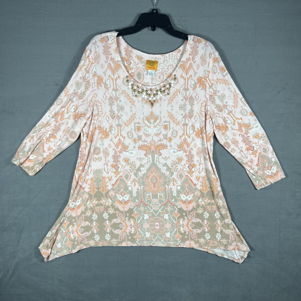 Ruby Rd. Women's L Embellished Scoop Neck Tunic Top Pink Orange Medallion Knit